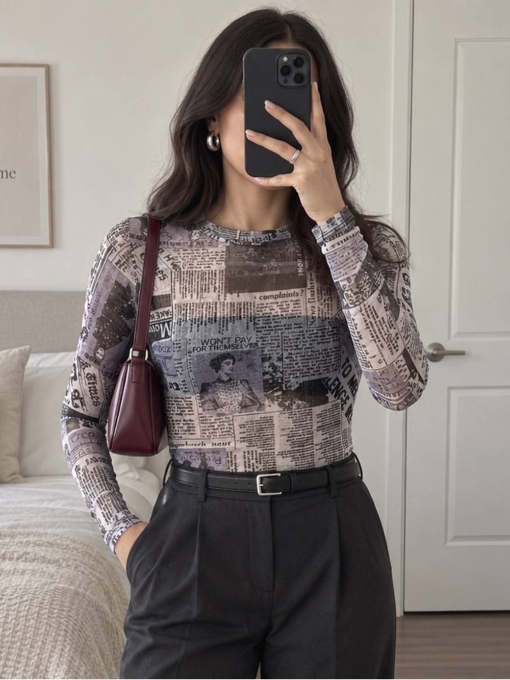 Polly & Esther Sheer Newspaper Print Mesh Long-Sleeve Top